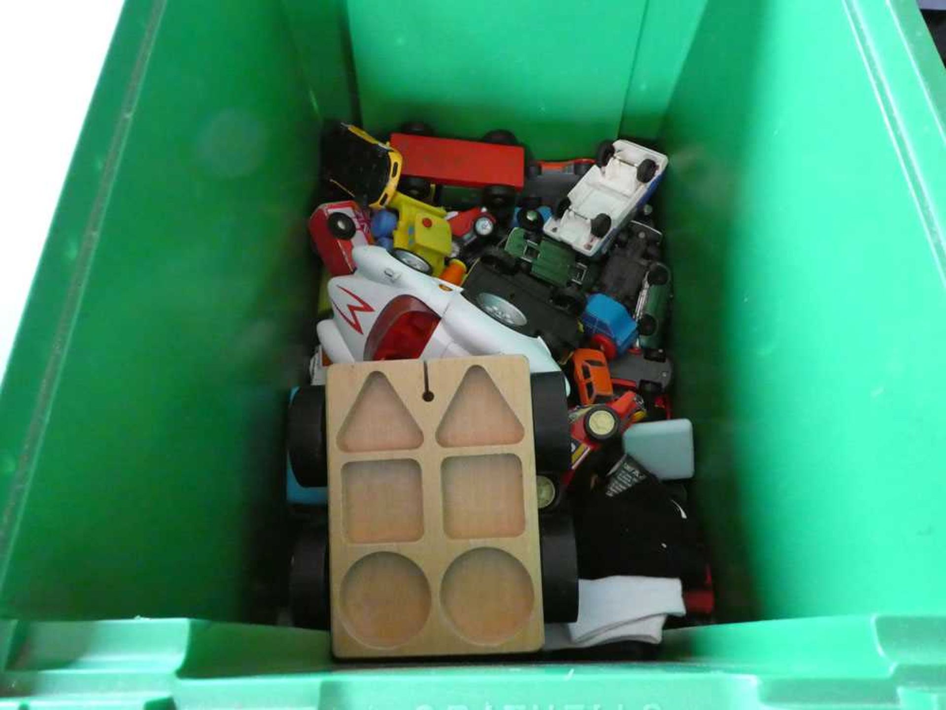 Crate of children's play worn Diecast and other toys