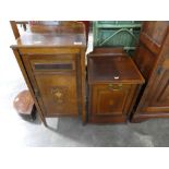 Edwardian mahogany single door pot cupboard with decorative inlay together with similar storage