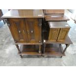 Collection of dark oak and stained pine furniture including small cabinet raised on stand, one