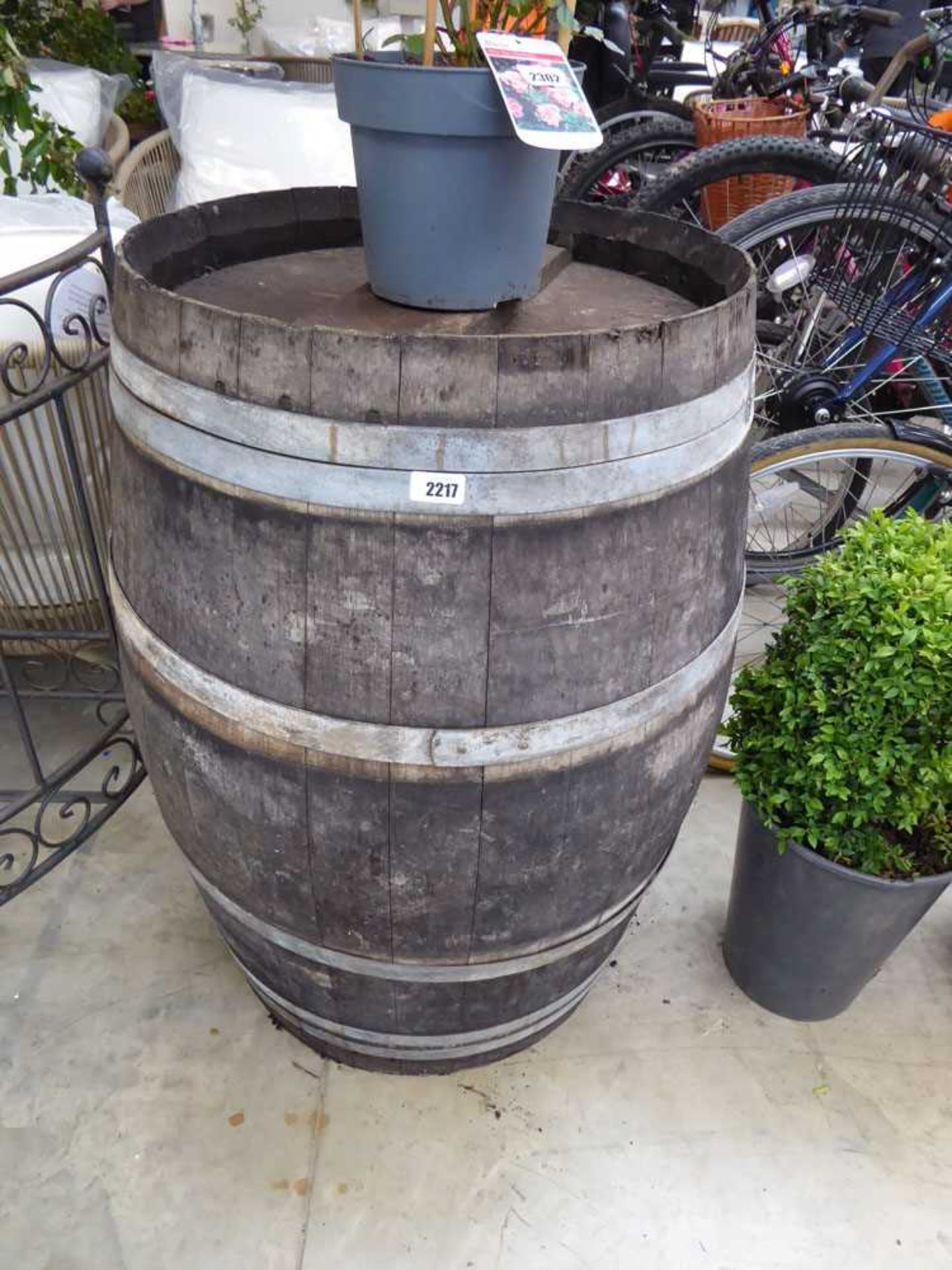 Metal banded oak whiskey barrel