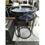 +VAT Nesting pair of black circular tray tables with marbled surfaces
