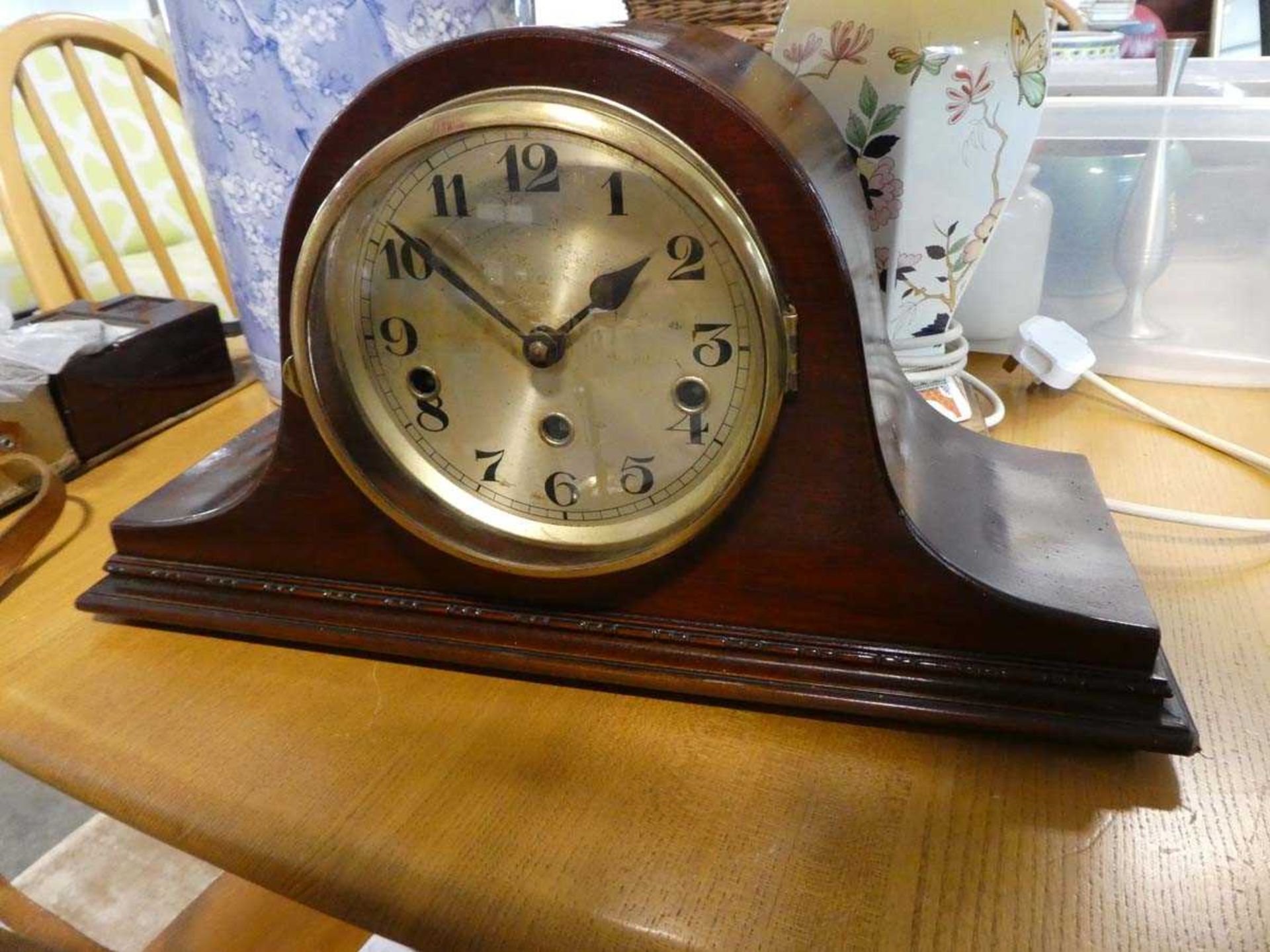 Mahogany cased Neapolitan style mantle clock