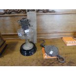 Oil lantern with boxed funnel together with a set of Salter spring balanced scales