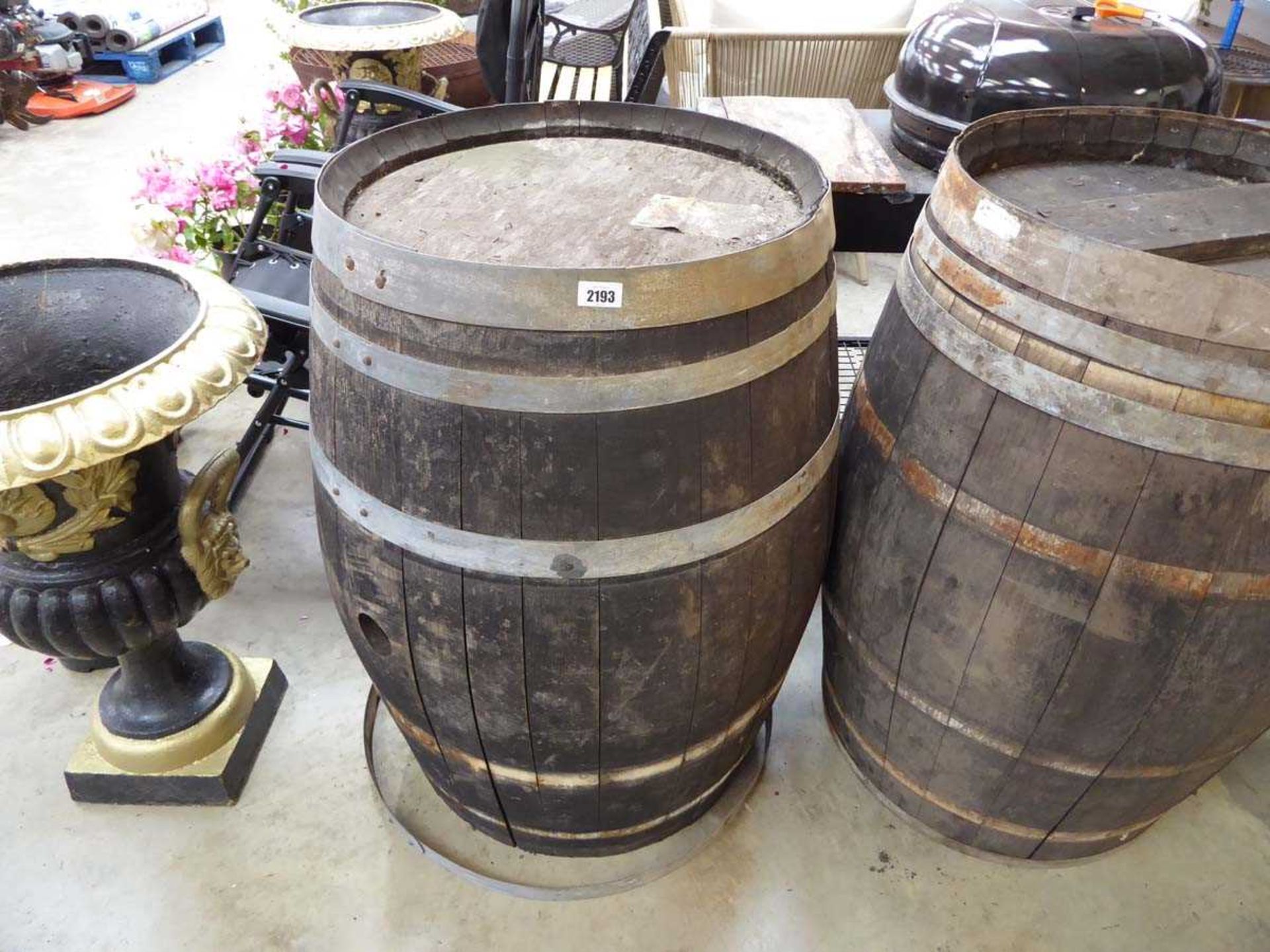 Metal banded oak whiskey barrel