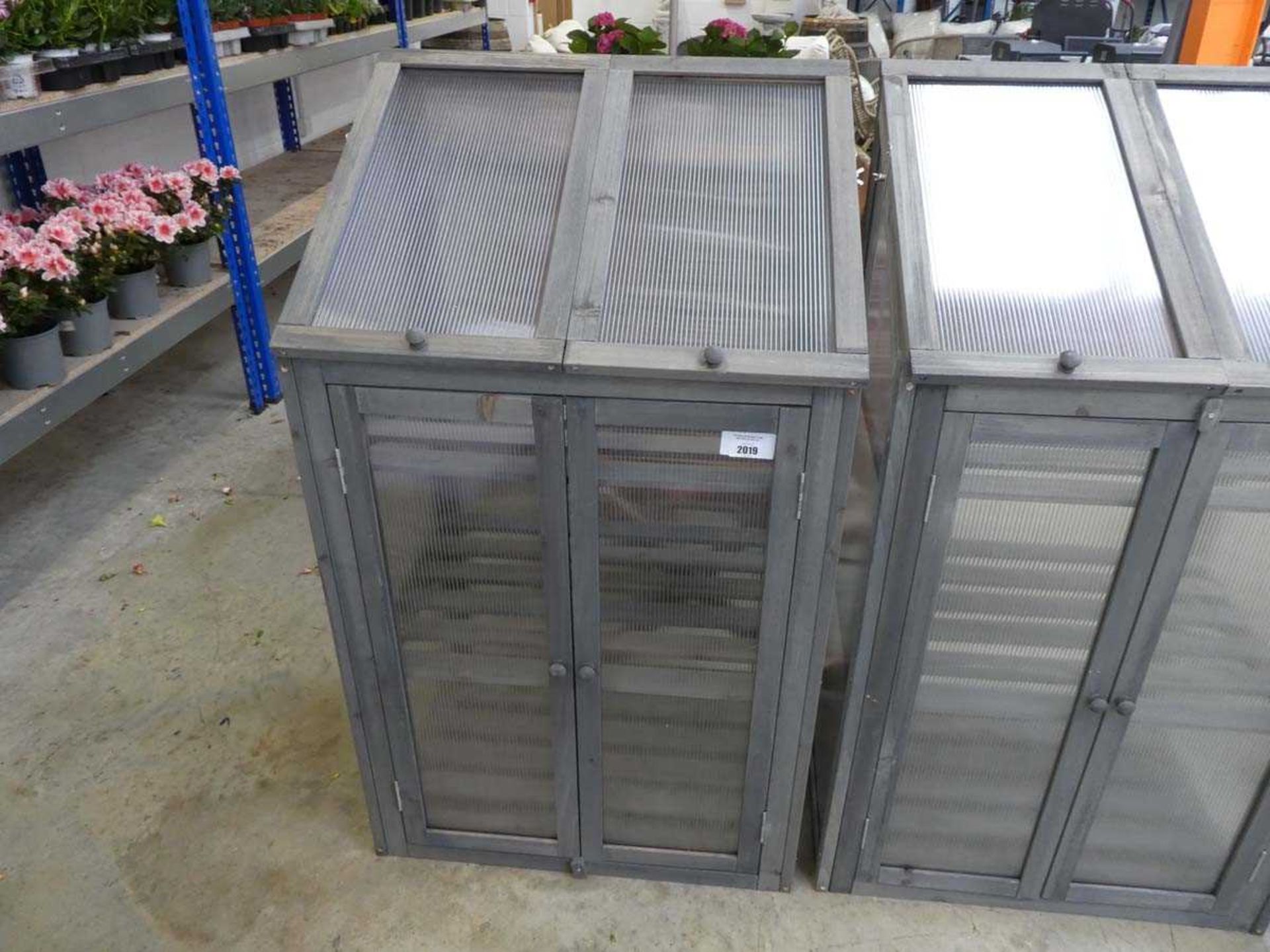 +VAT Wooden 2 door green house with 3 shelves and 2 lift up hatches above, in grey (120 x 70 x