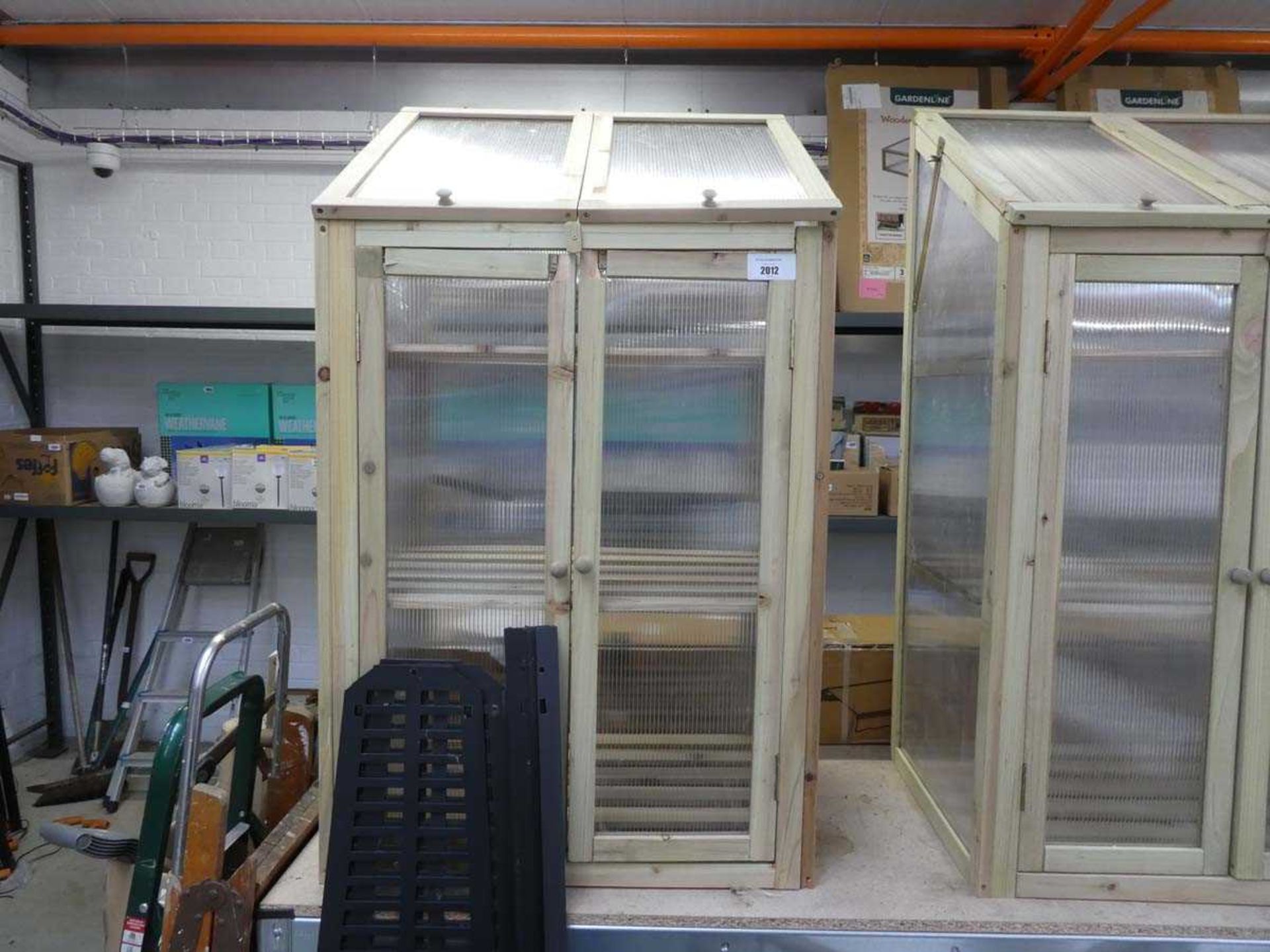 +VAT Wooden 2 door green house with 3 shelves and 2 lift up hatches above (120 x 70 x 50cm.)