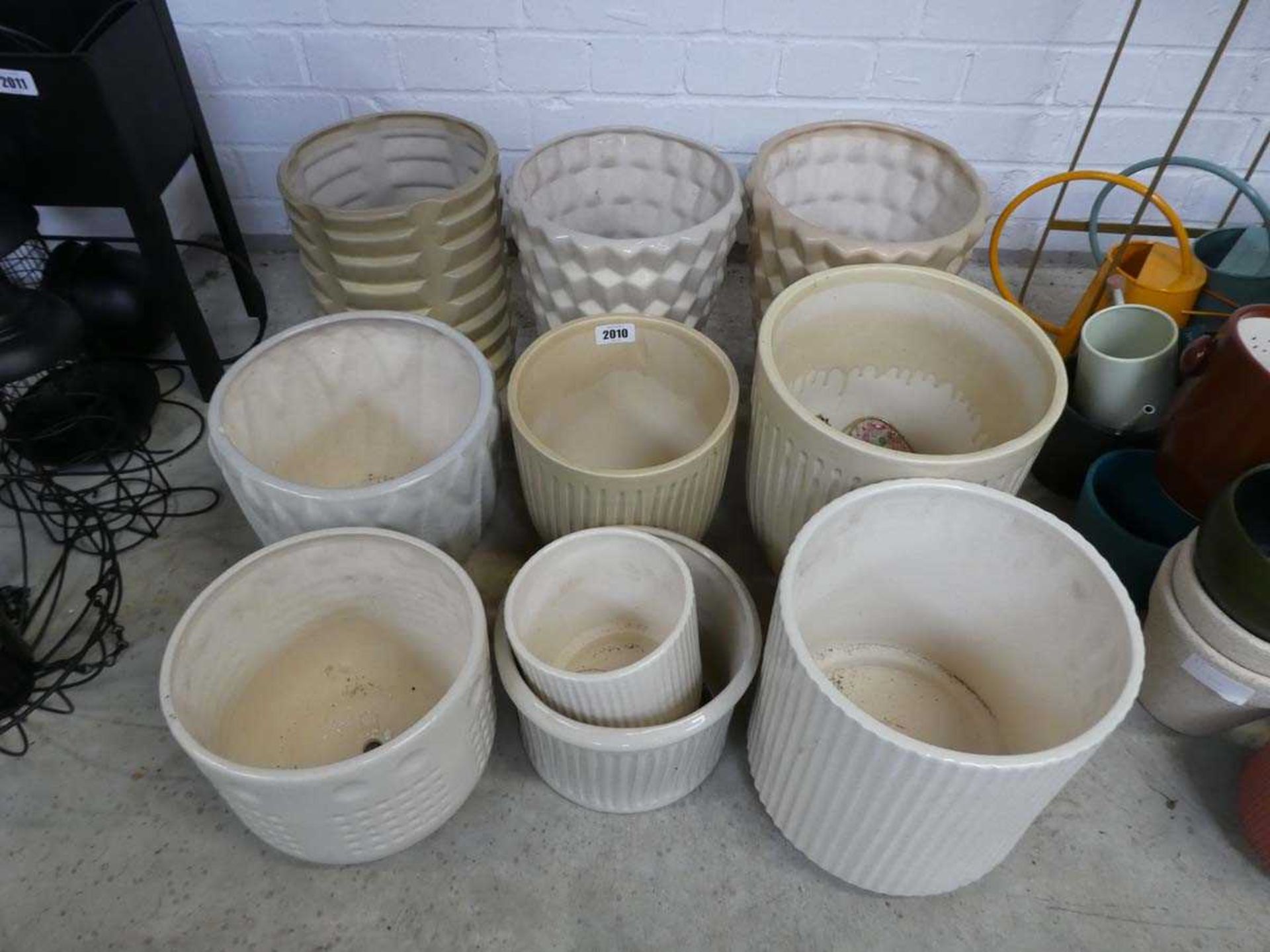 10 cream coloured ceramic glazed garden pots in mixed styles and sizes