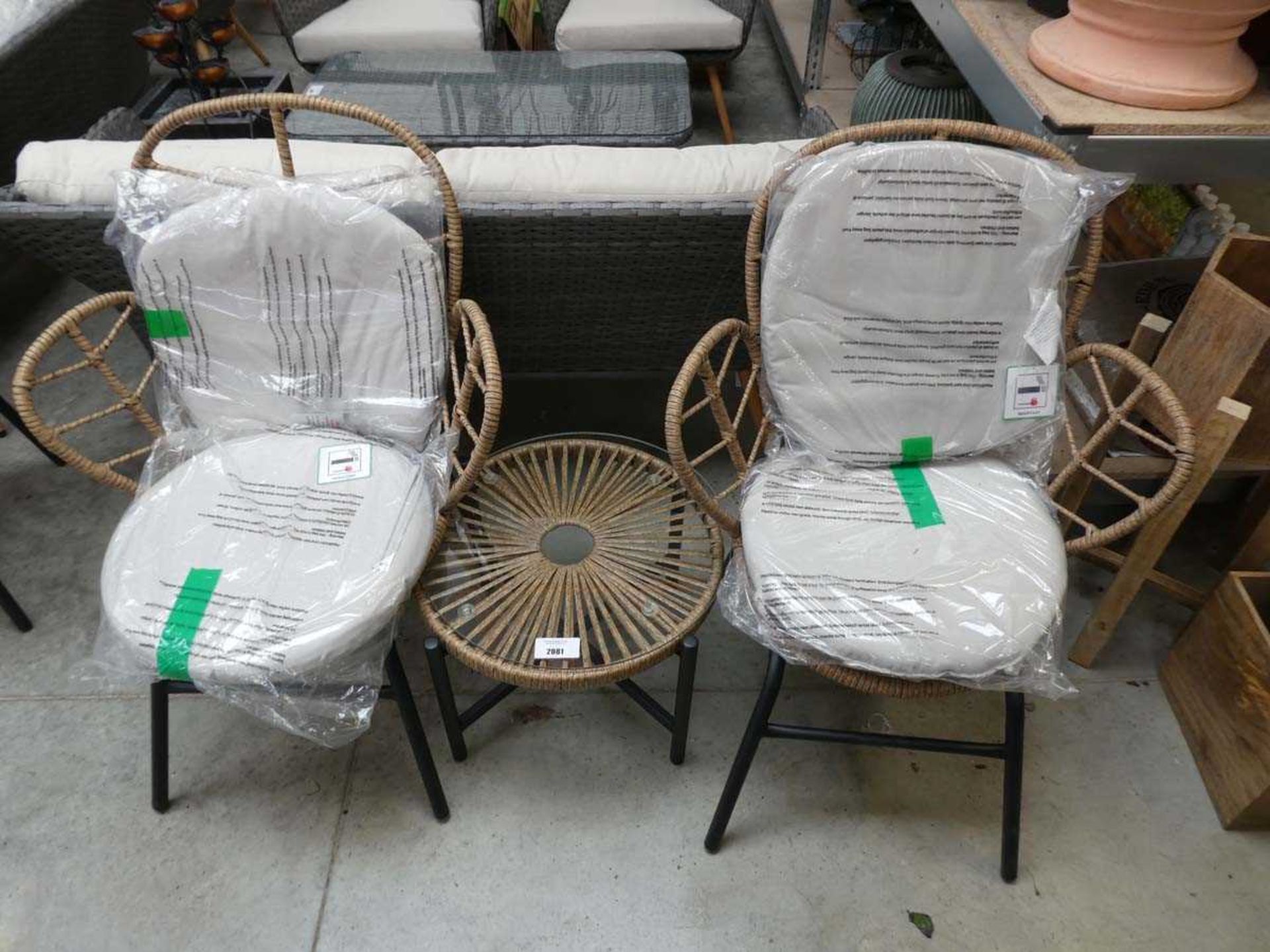 +VAT Rope effect 3 piece garden bistro set comprising 2 armchairs each with matching light grey