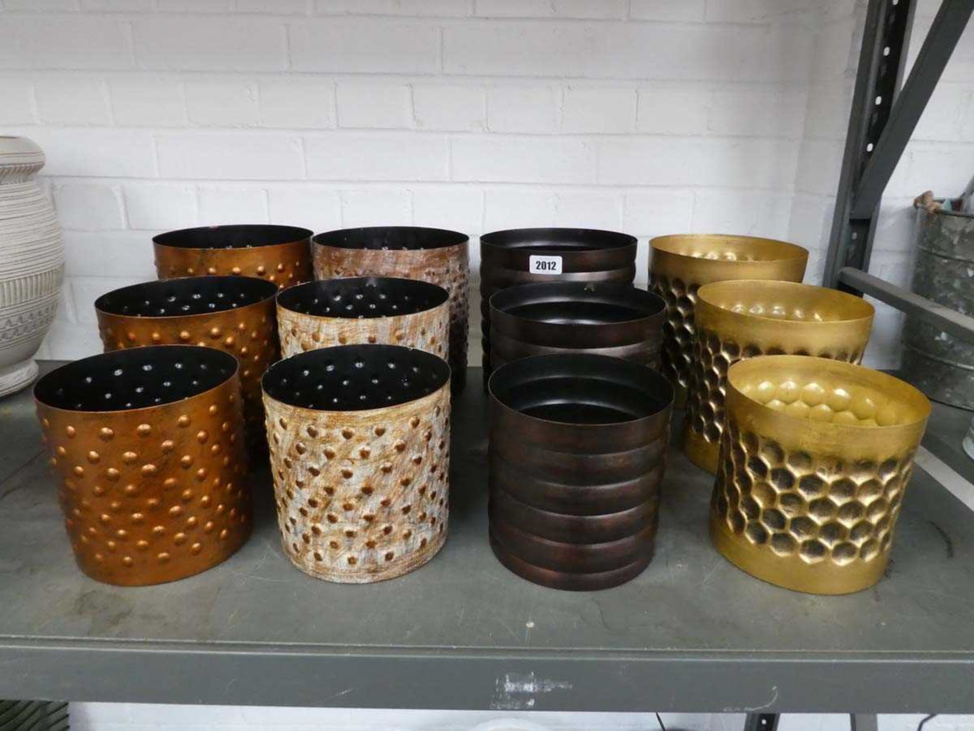 Set of 12 beaten copper style garden pots in mixed colours