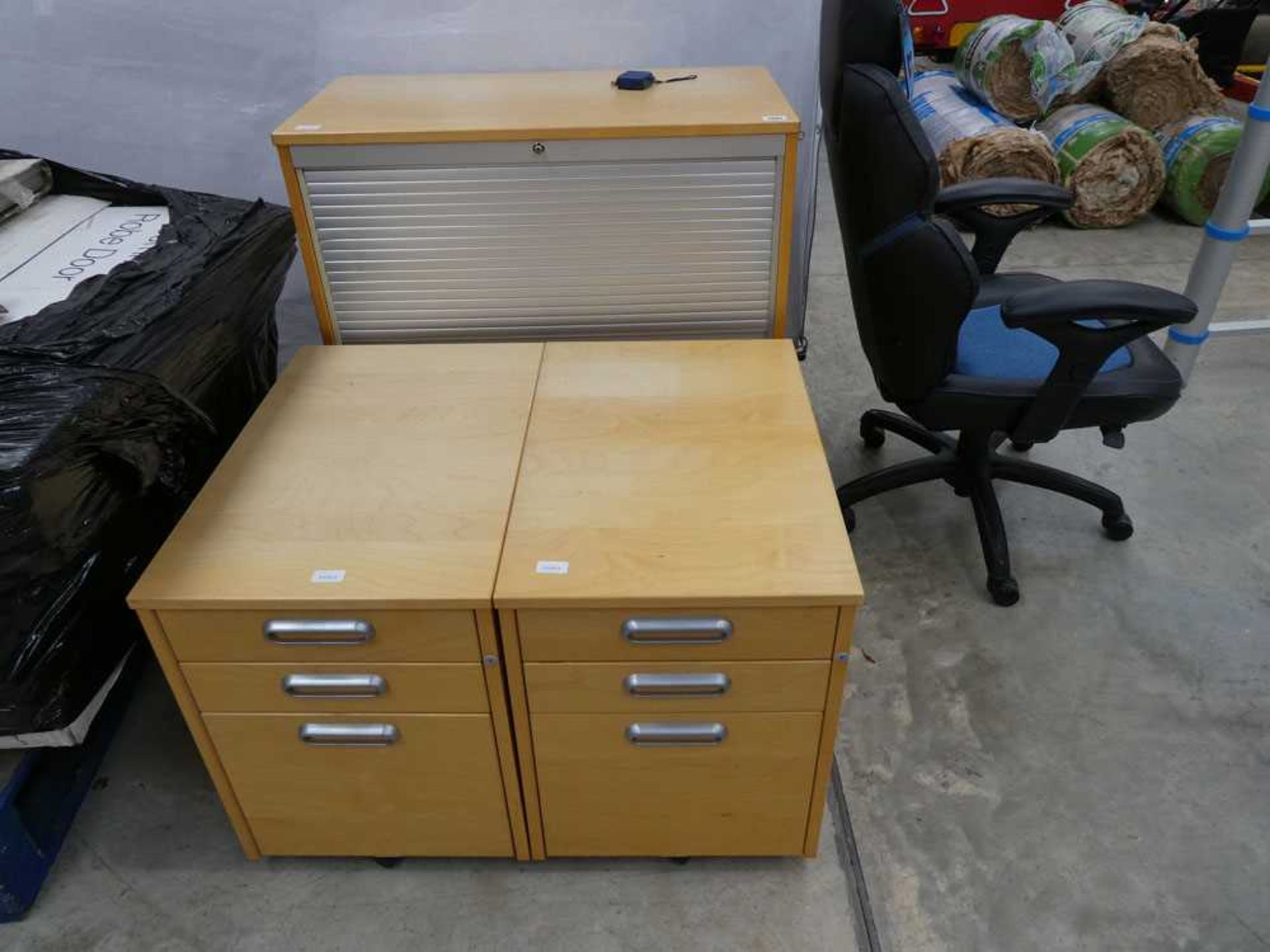 Pair of light wood coloured 3 drawer office pedestals with matching light wood coloured tambour