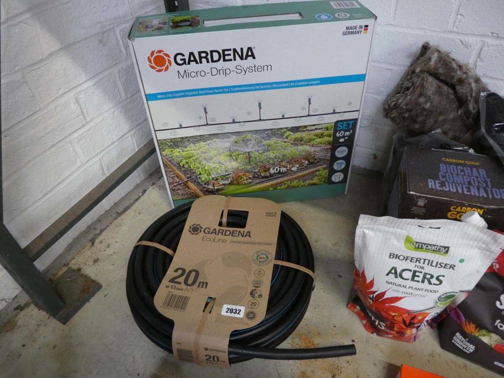 Boxed Gardena micro drip system, together with a Gardena 20m garden hose
