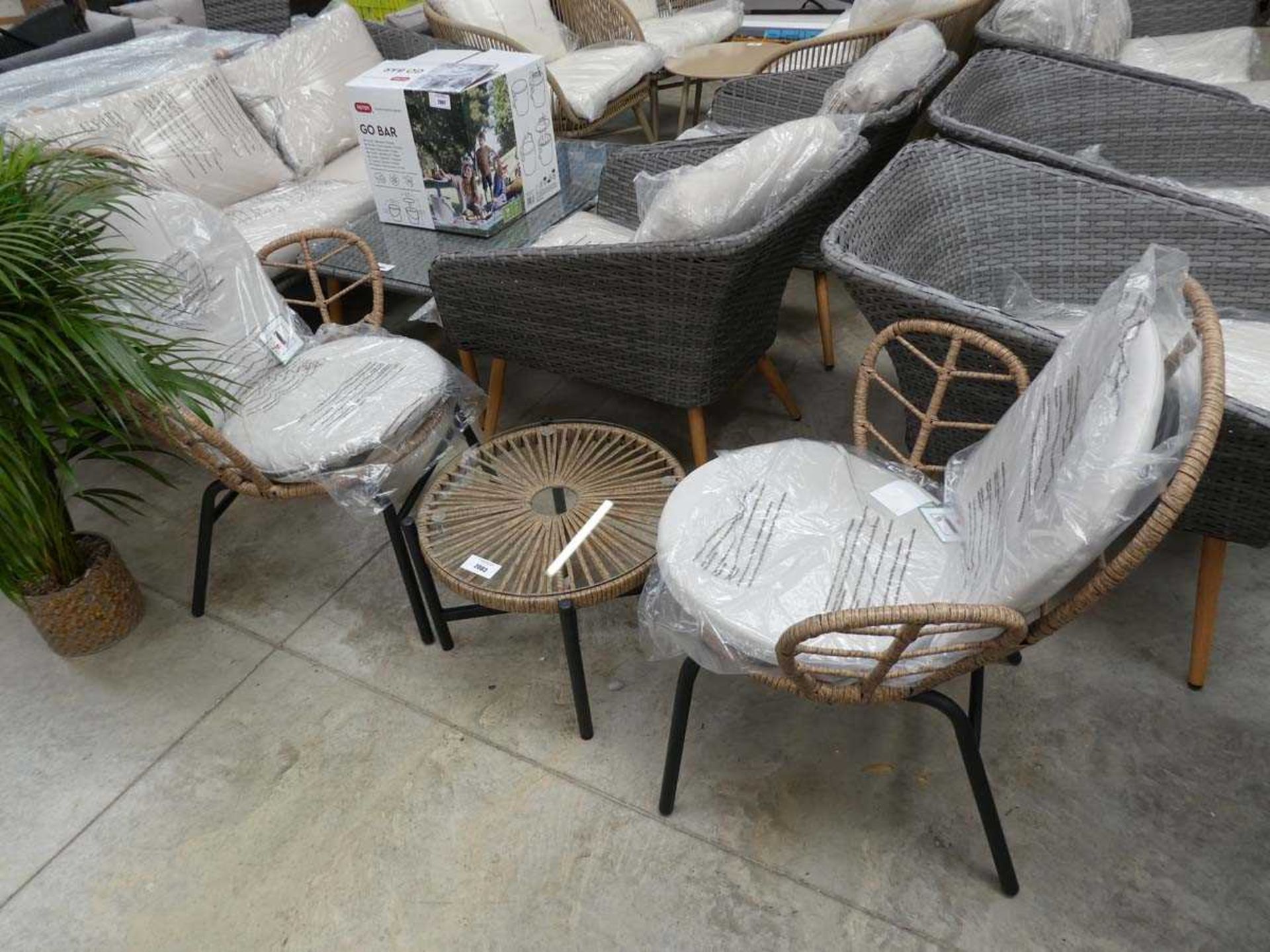 +VAT Rope effect 3 piece garden bistro set comprising 2 armchairs each with matching light grey