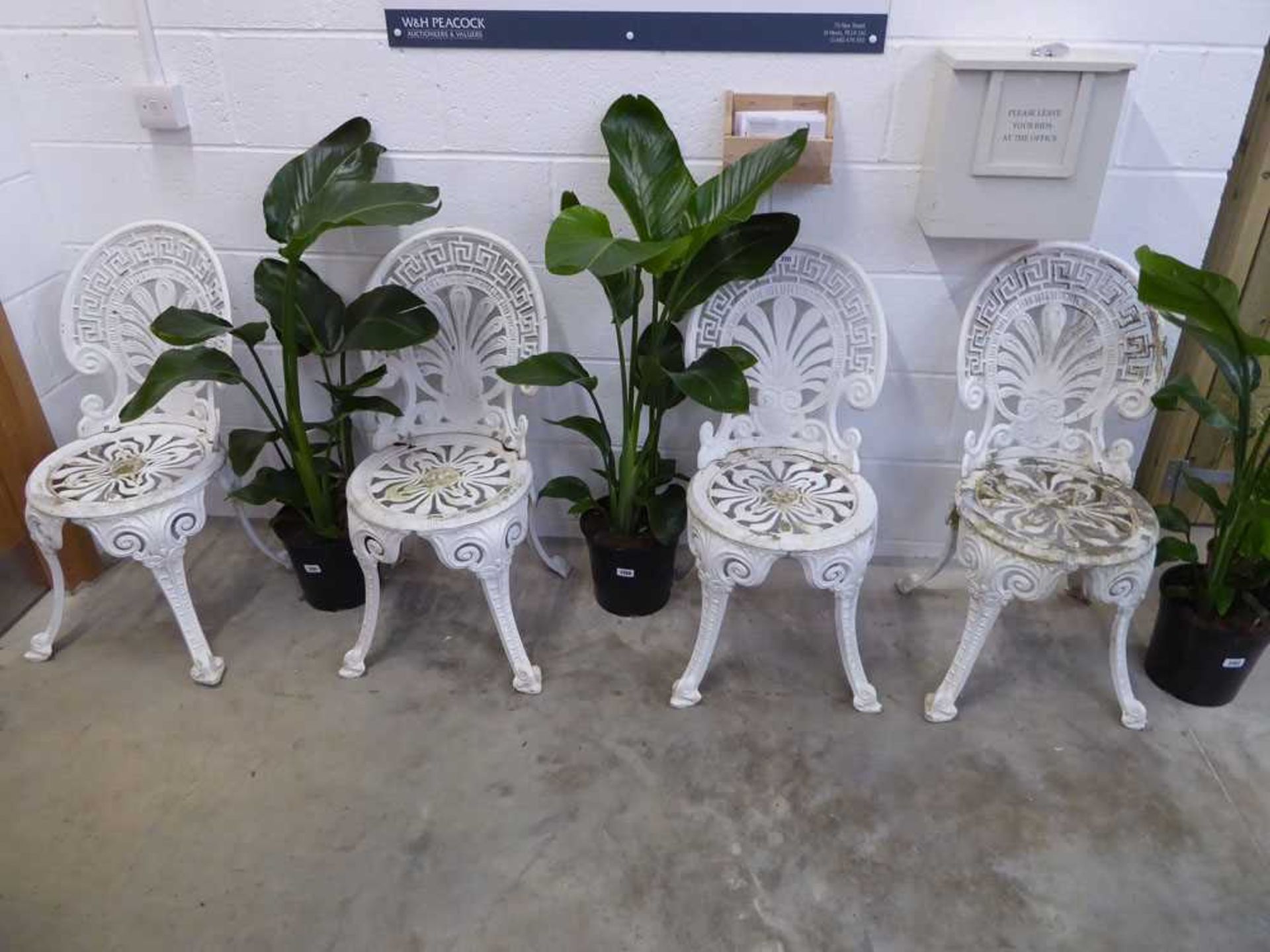 Set of 4 white painted decorative aluminium garden chairs