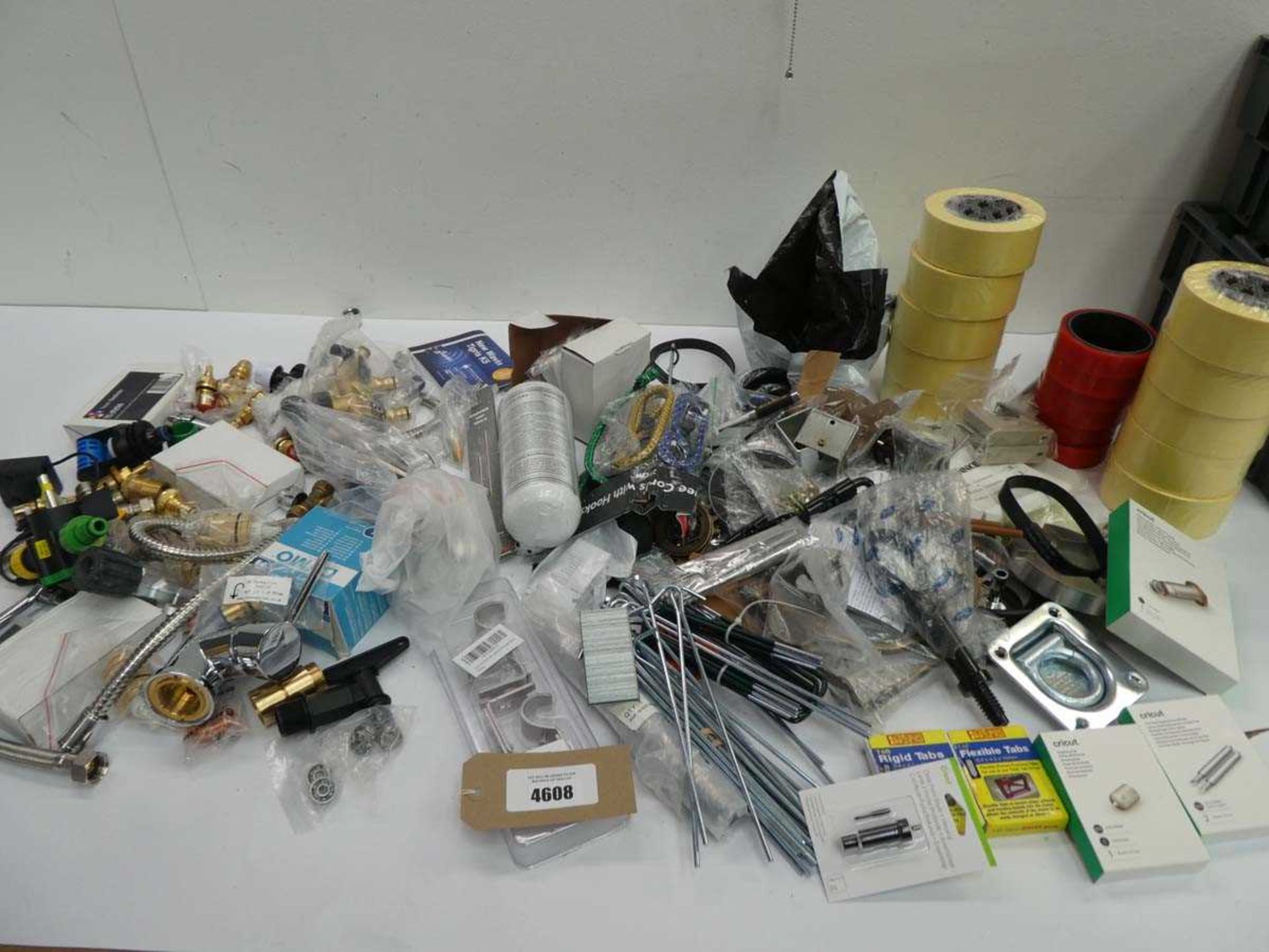 +VAT Mixed bag including valves, shower hose, pluming accessories, ground pegs, brackets, fixings,