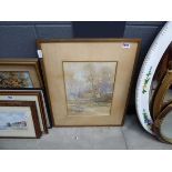 1920's watercolour of lake woodland and fisherman on boat