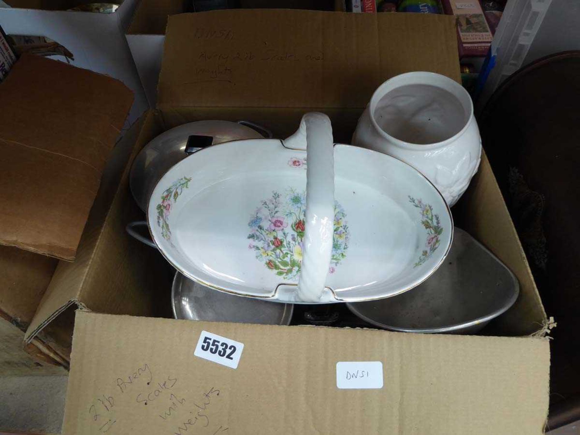 Box containing Avery scales, floral patterned basket and kitchen storage vessels