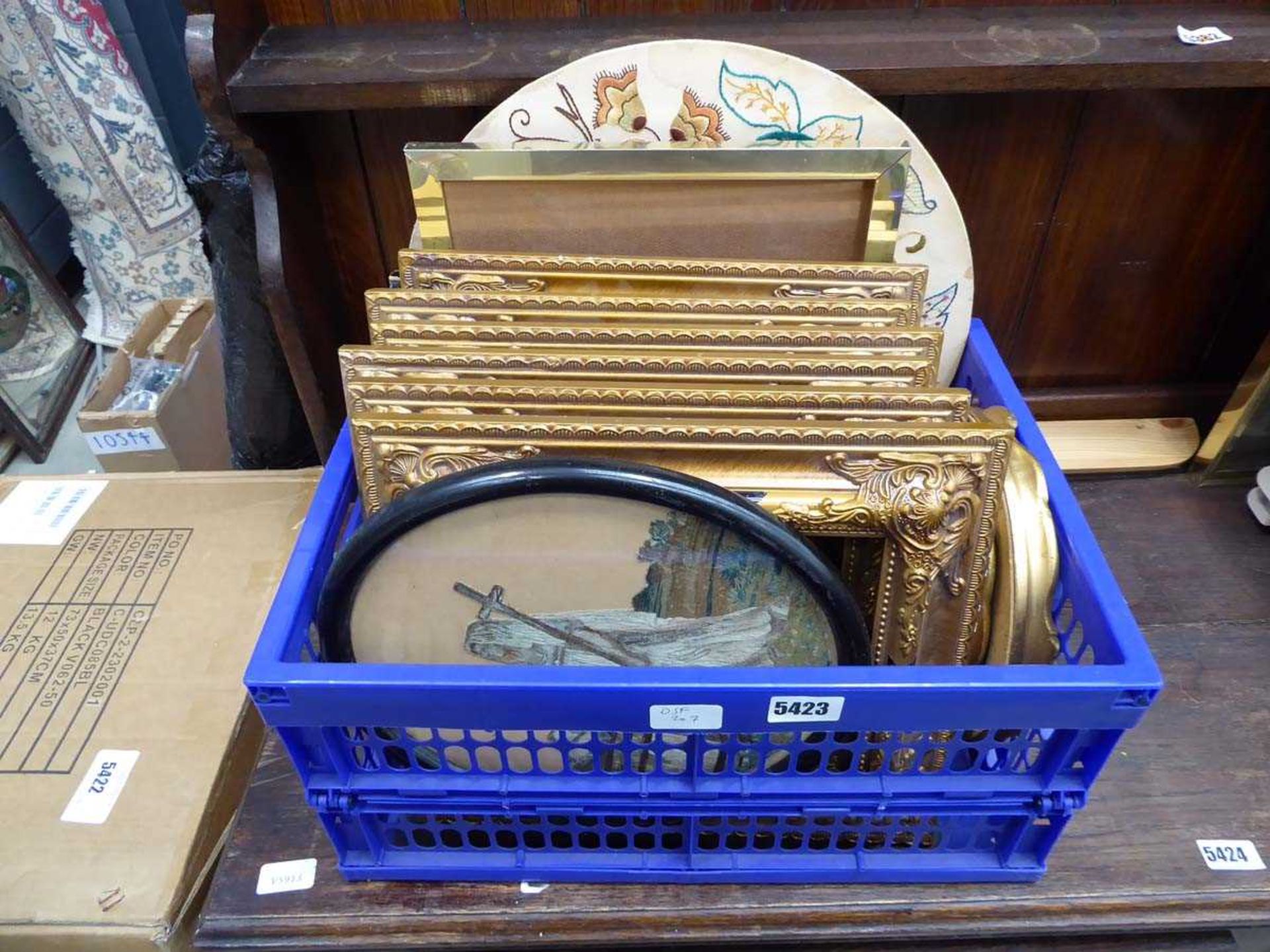 Quantity of modern gilt and other picture frames plus religious embroidery