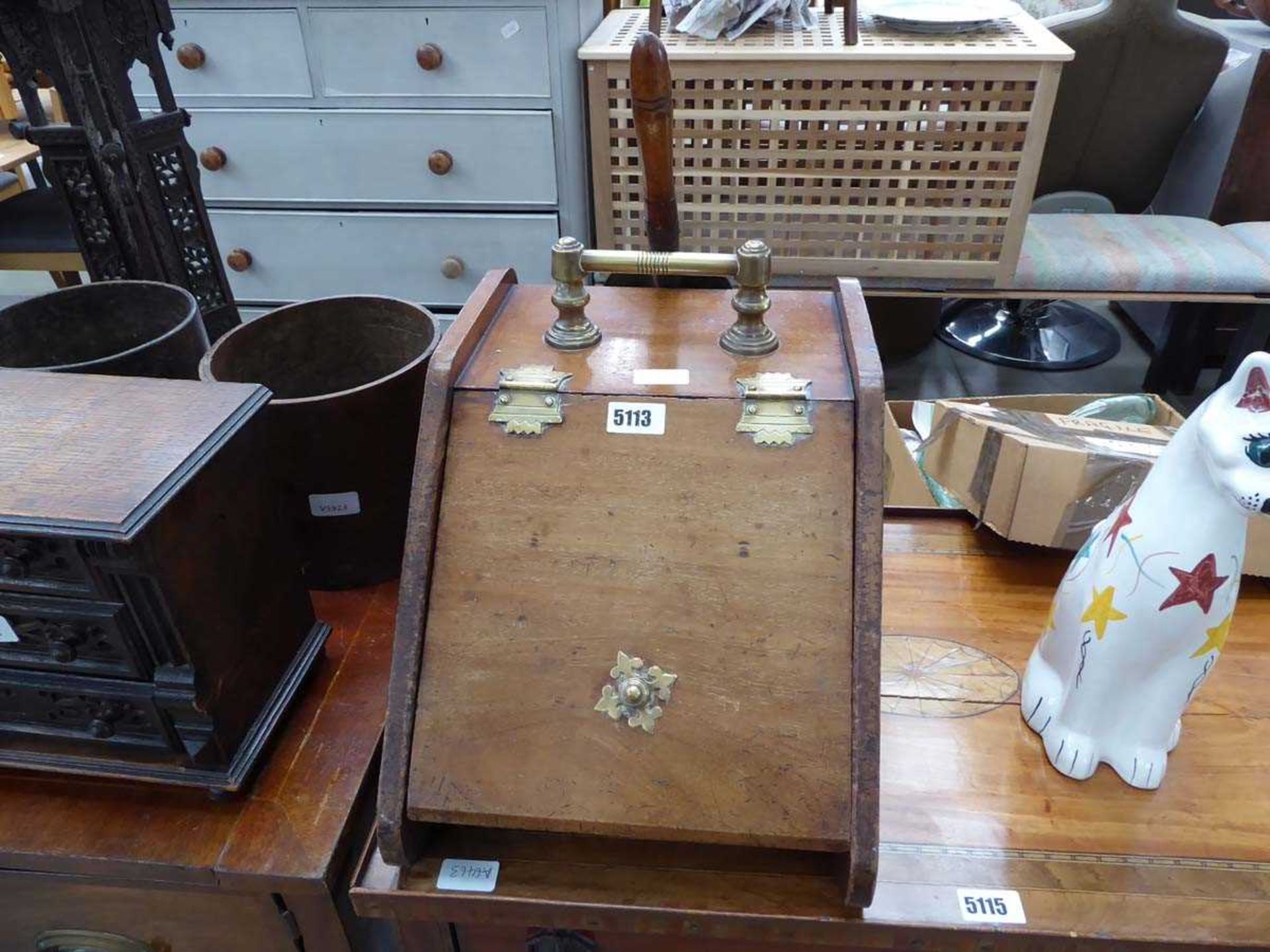 Walnut coal scuttle with shovel