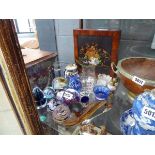 Collection of paper weights, treen, and silver plate. Plus a plaque