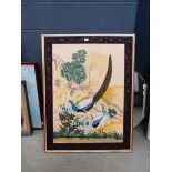 Chinese print on fabric, pair of peacocks