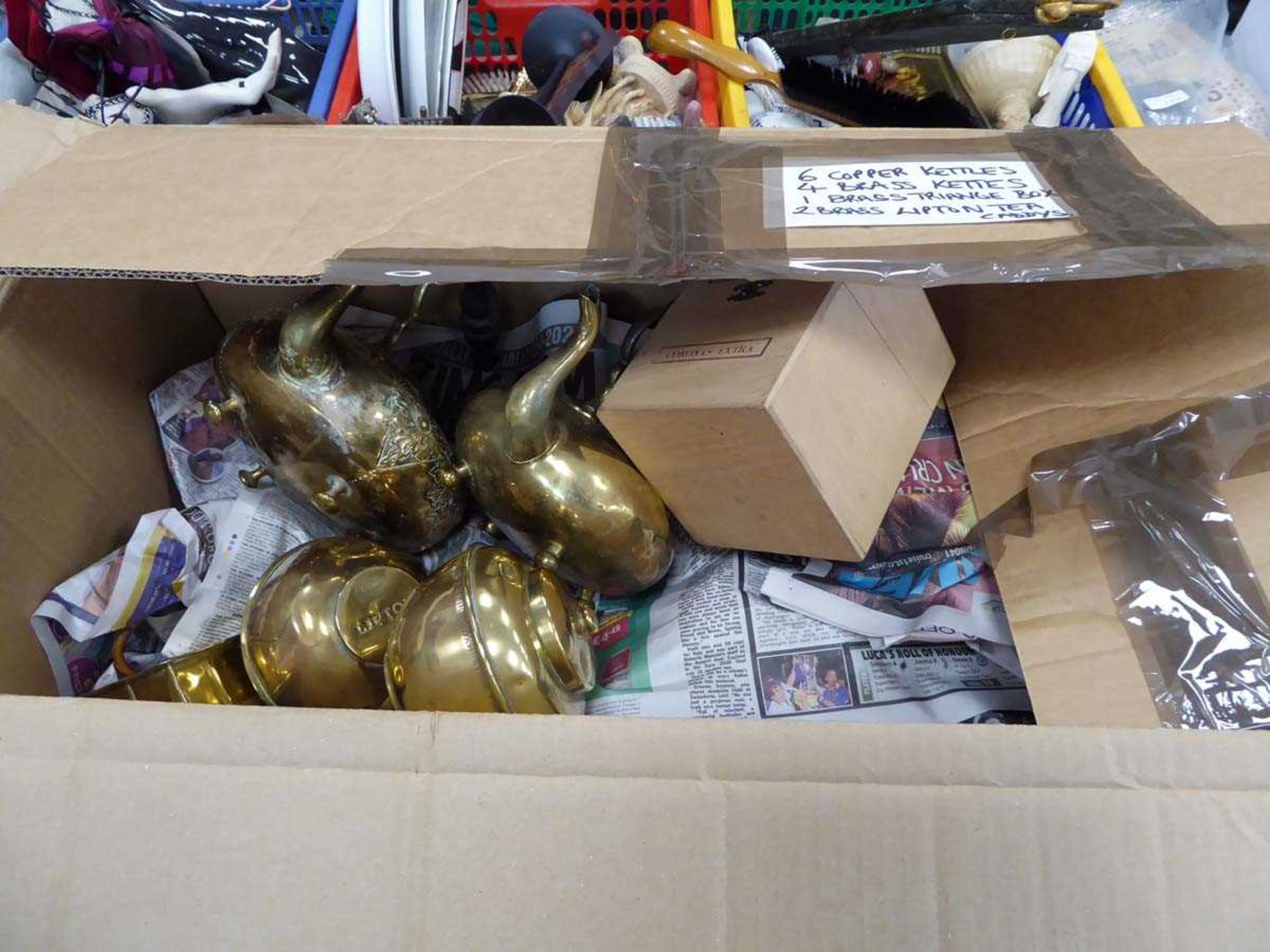 Box containing brassware to include kettles, sewing box plus copperware