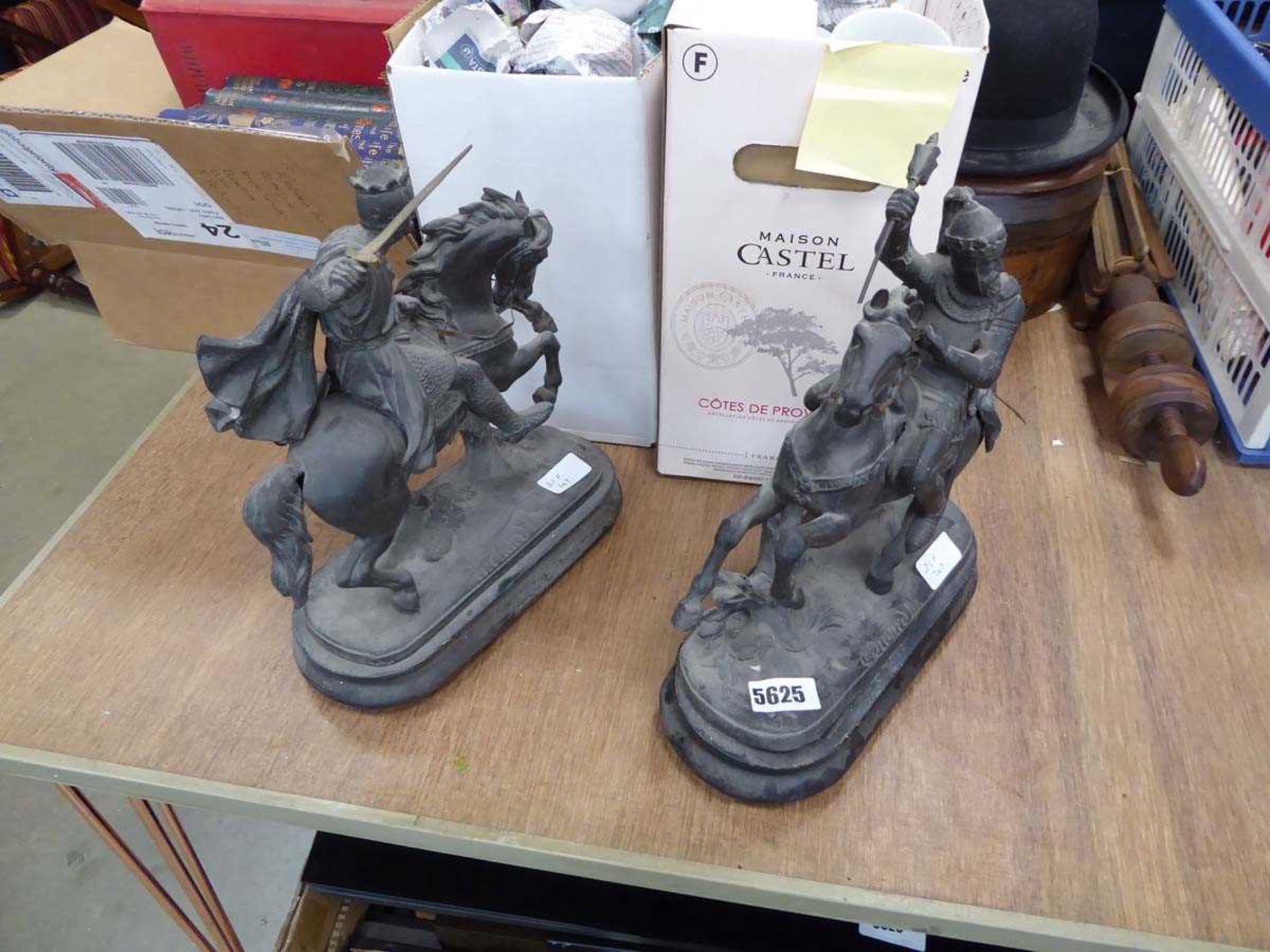 2 spelter figures of knights on horseback