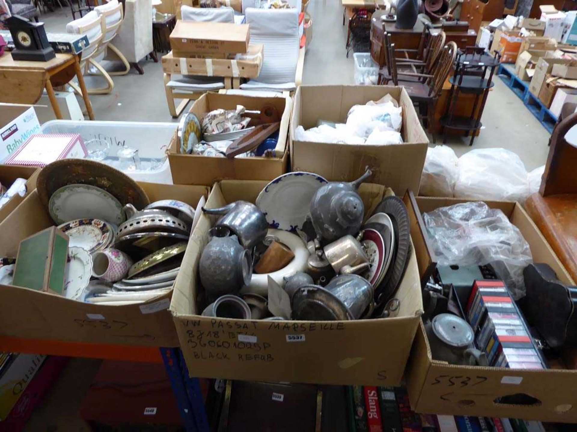 3 boxes containing pewter ware, tape cassettes, vintage typewriter, crockery, trinket box and silver