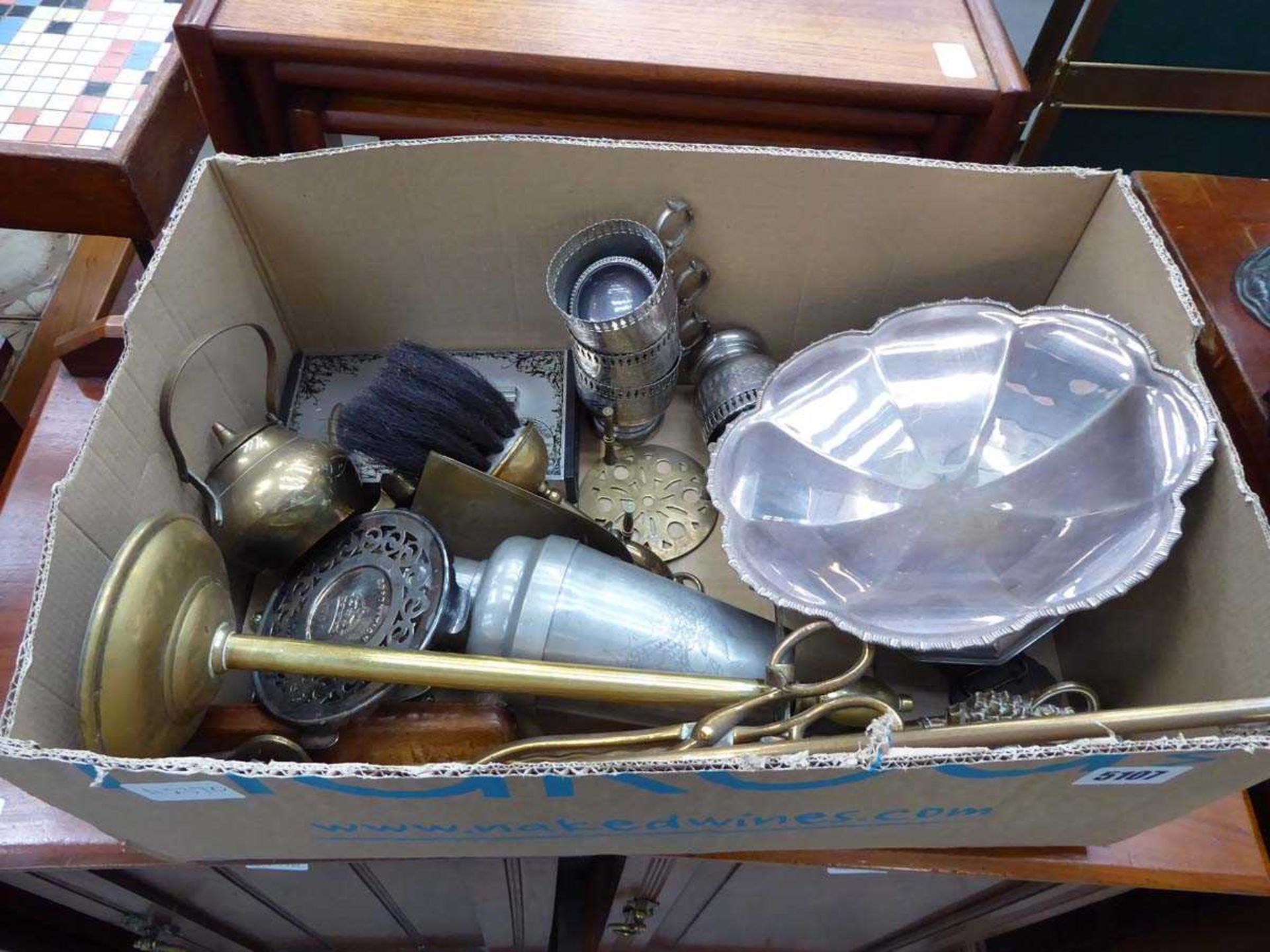 Box containing silver plate and brassware to include trivets, bon bon dish, part fire companion set,