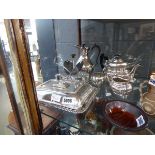 Quantity of silver plate to include bacon dish, part tea service and marmalade pot