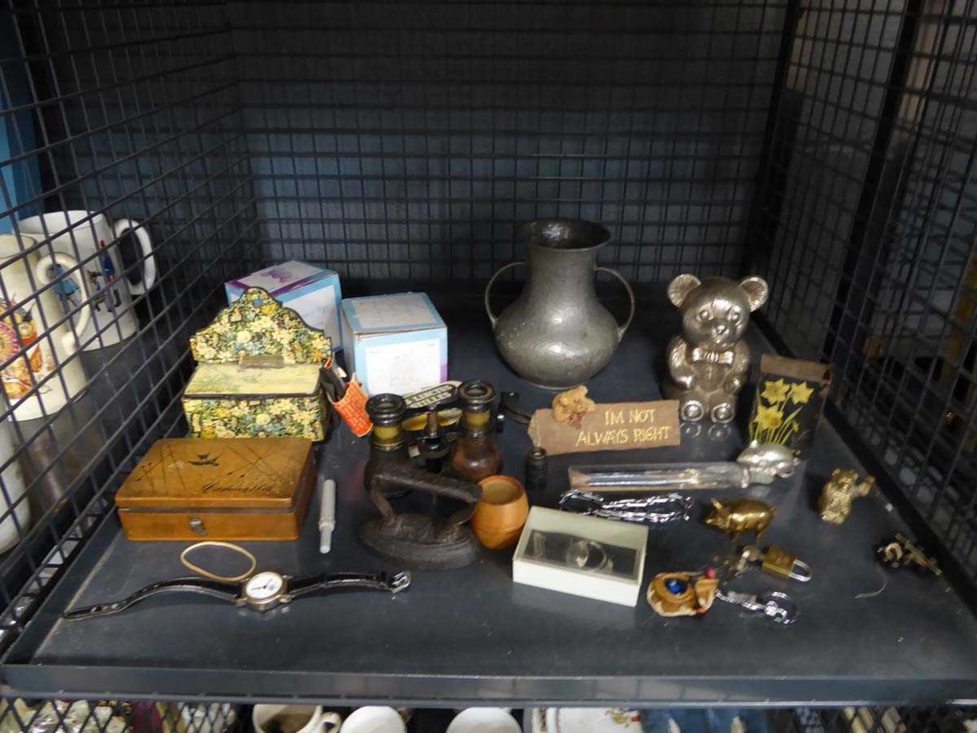 Cage containing pewter vases, opera glasses, miniature flat iron, ornaments and trinket boxes