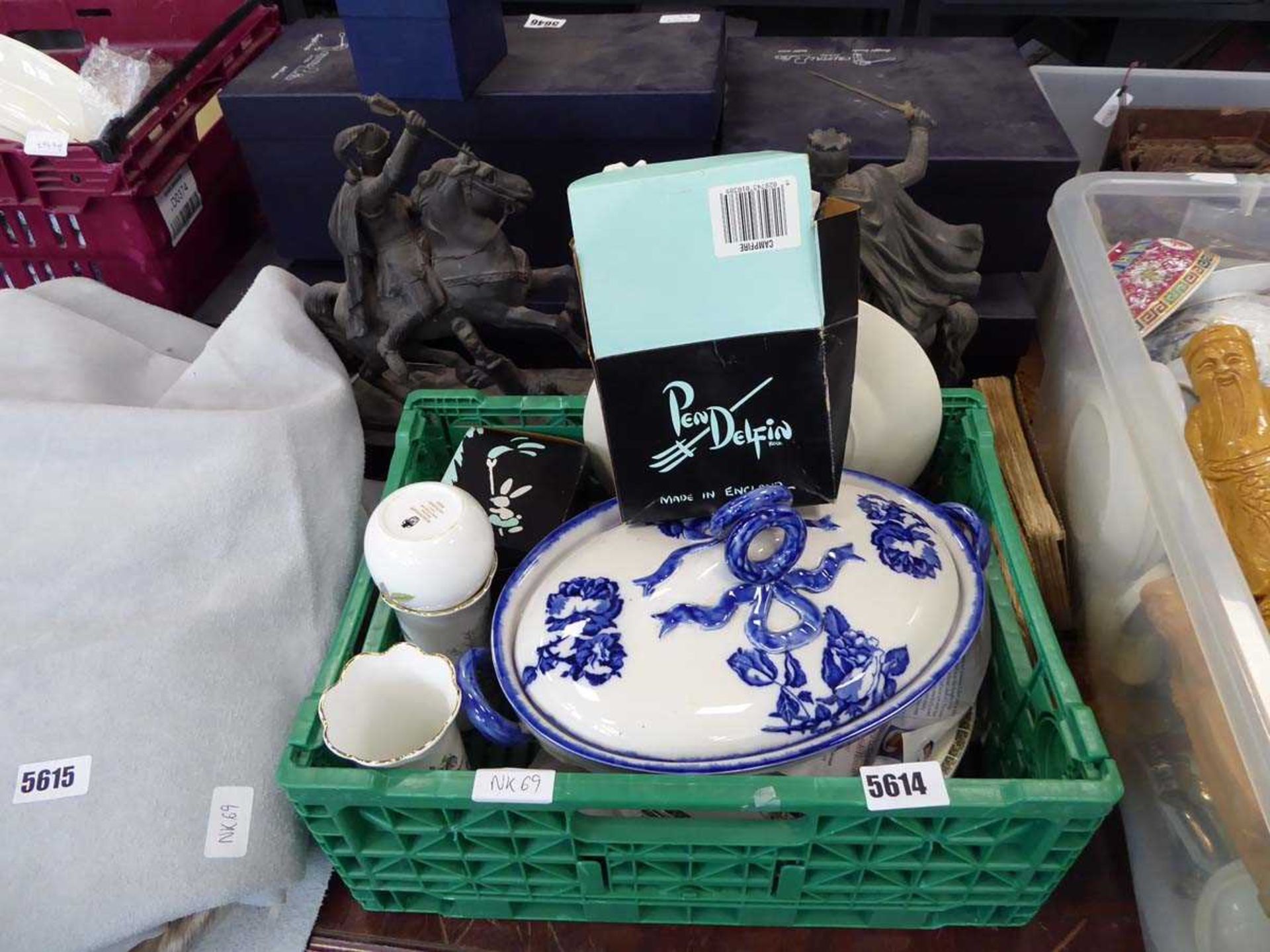 Box containing Pendelfin figures, blue and white lidded terrine plus Wedgewood and Ainsley china