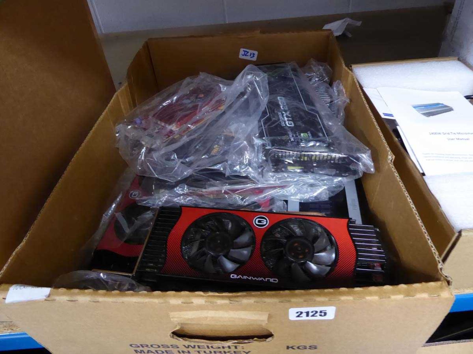 Box containing assorted graphics cards