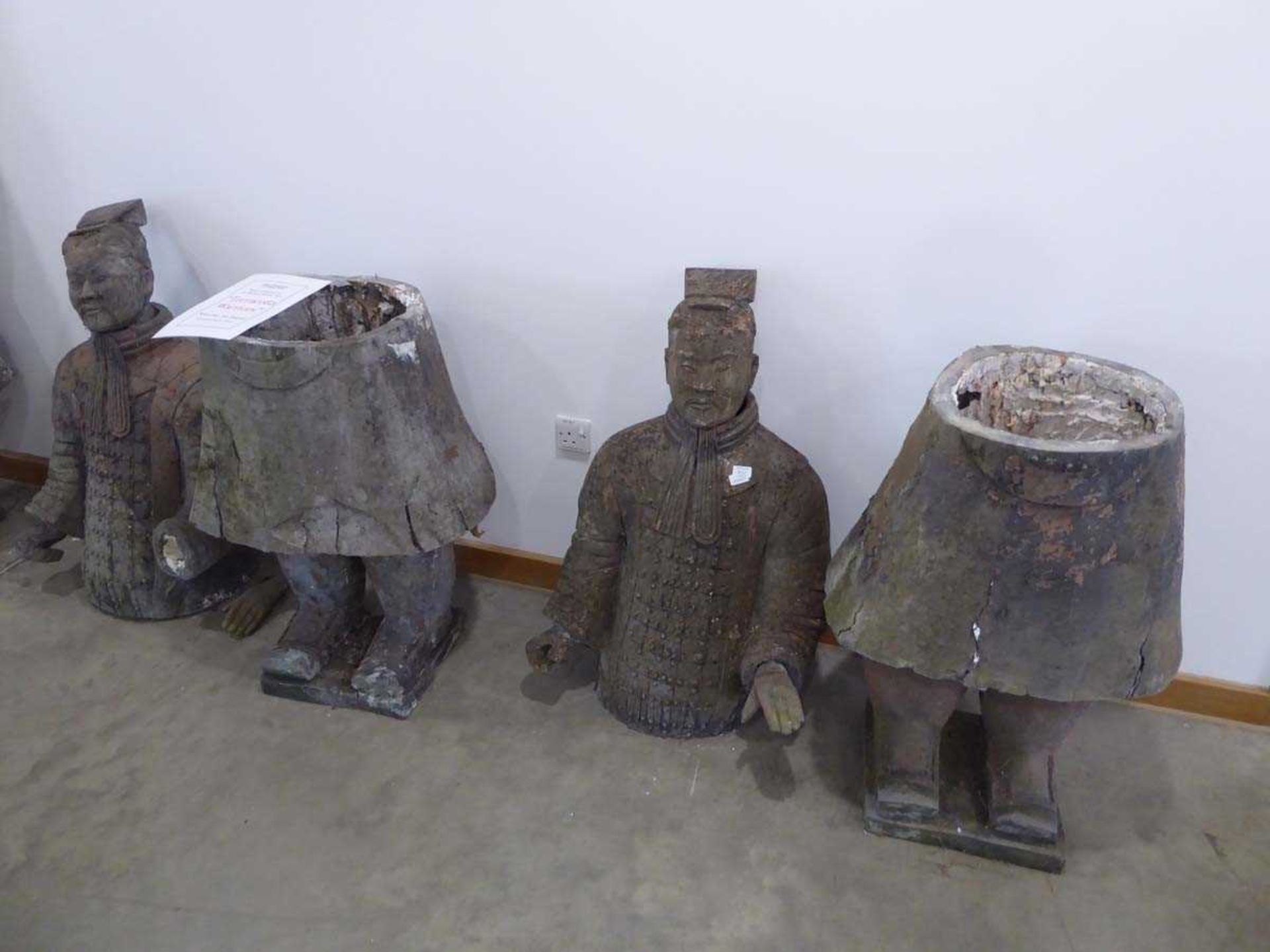 Pair of life-size (184cm high) old reproduction, weathered, terracotta warrior figures (each in