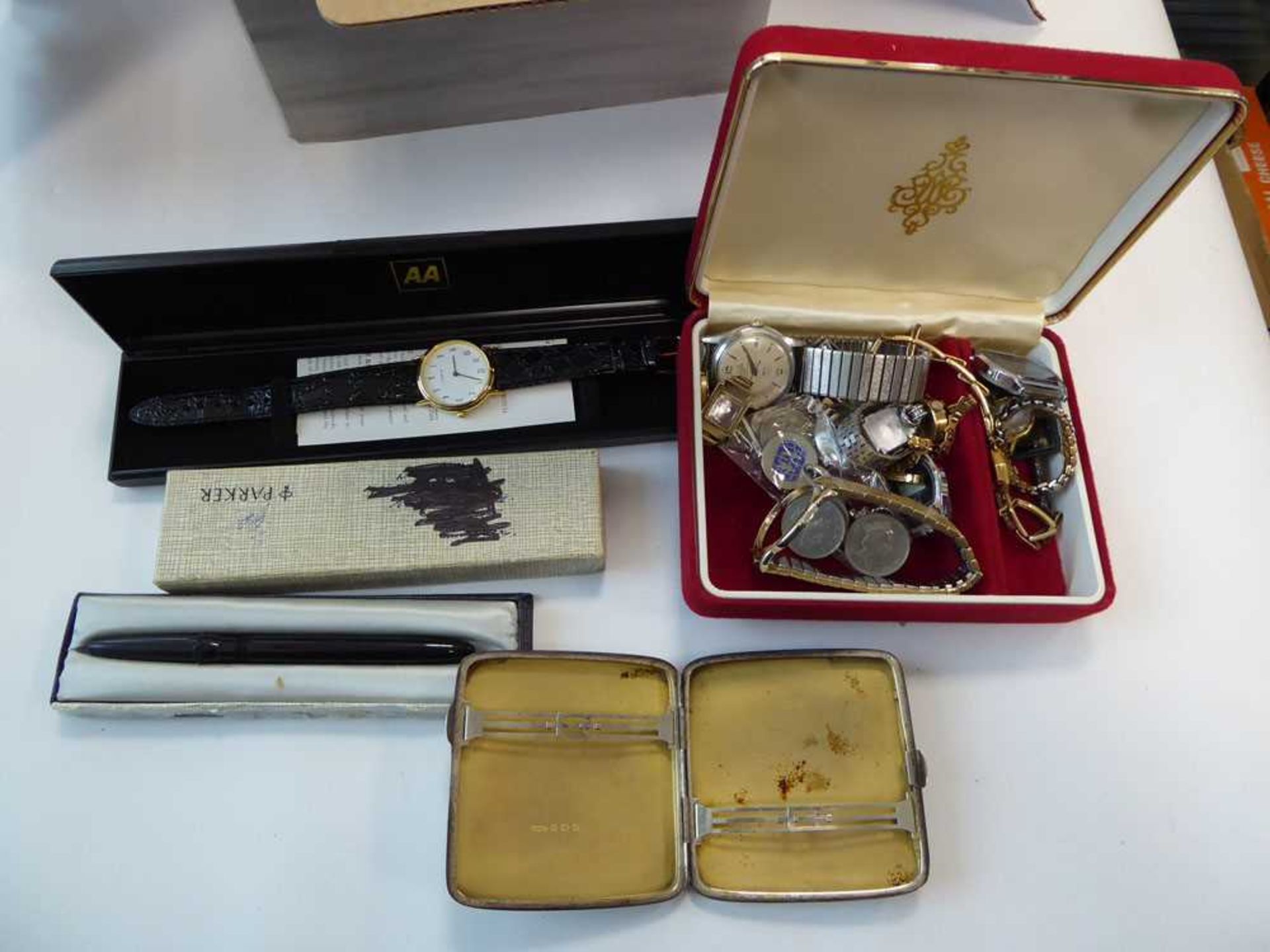 Box containing jewellery items, watches, Parker pen