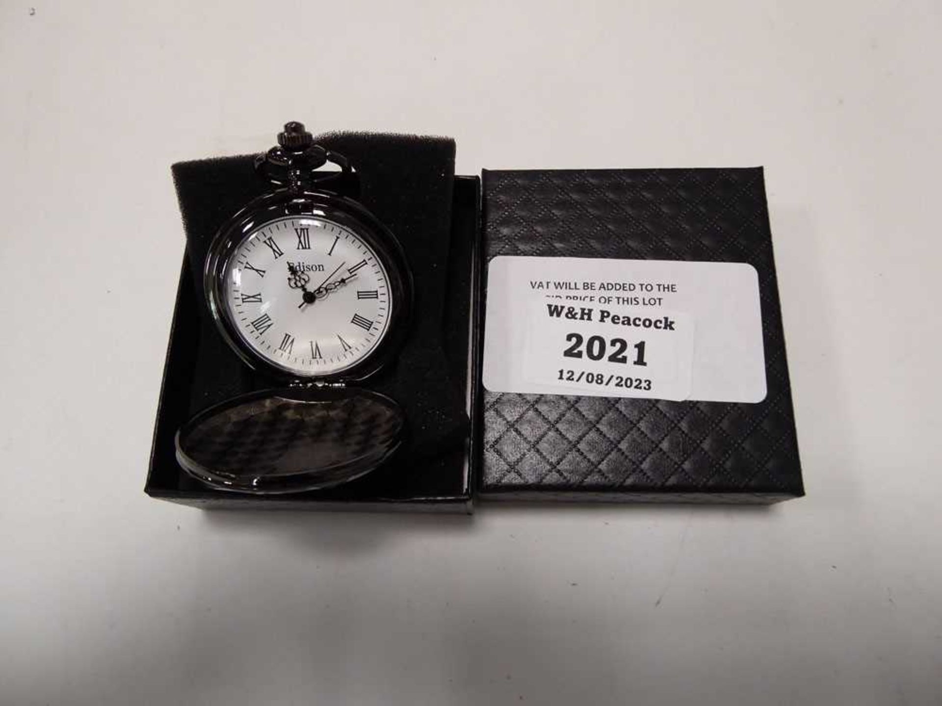 +VAT Black chrome style pocket watch in box