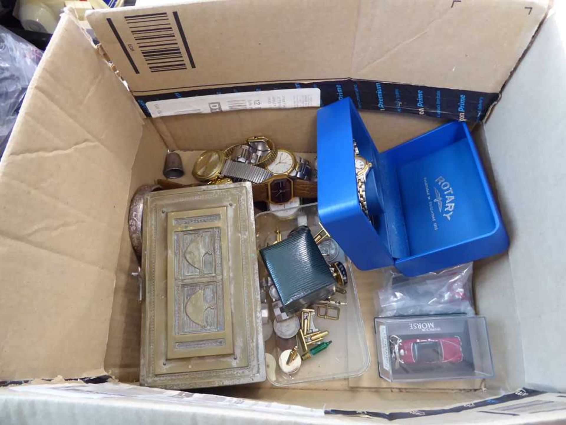 Box containing collectibles inc. gents watches, jewellery, cufflinks and model Inspector Morse car