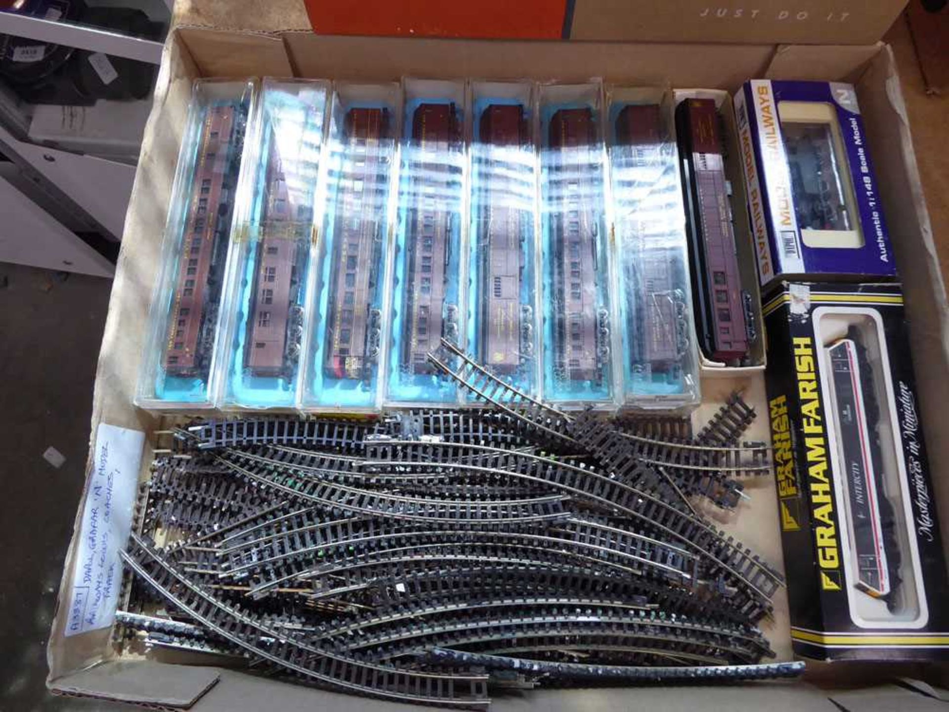 Tray containing Dapol and Grafar N model railways, coaches and ...