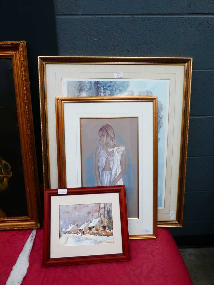 Pair of prints, young lady, Sturgeon print, river and cathedral. Plus a watercolour