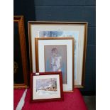 Pair of prints, young lady, Sturgeon print, river and cathedral. Plus a watercolour