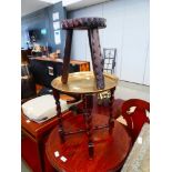 Primitive tripod stool plus a brass tray on folding base