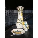 Sally Tuffin Moorcroft lemon & finch vase plus a smaller vessel and a shallow dish