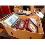 Box containing quantity of prints to inc. Dickens characters, rural scenes, map of Bedfordshire