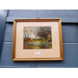 Rural watercolour with pond and woodland