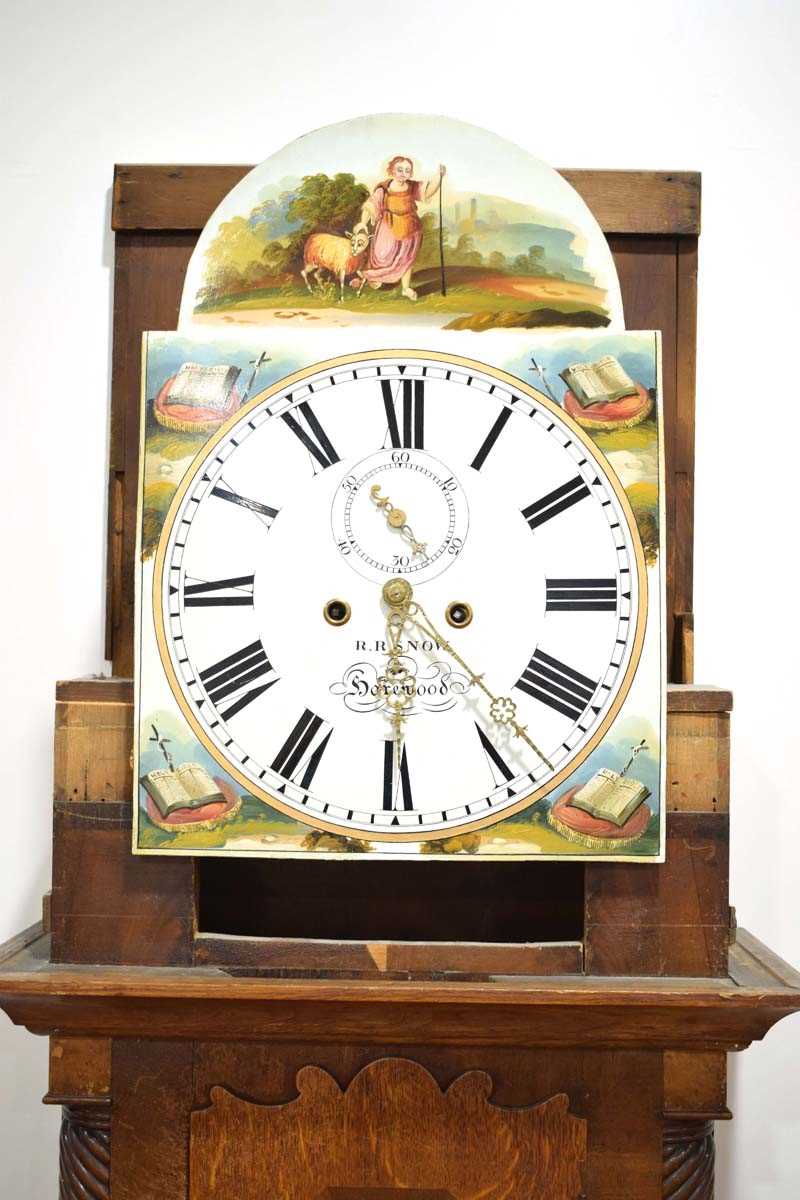 An 18th century longcase clock, the painted face with Arabic and Roman numerals, Biblical spandrels, - Image 2 of 4