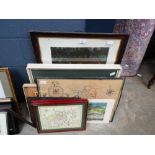 Quantity of maps, plus a print of a coastal scene, modern loose Egyptian papyrus pictures. Plus