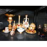 Cage containing Ivory Blush Royal Worcester vases plus Ainsley trio and Royal Crown Derby china