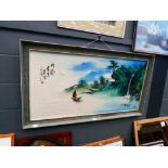 Chinese oil on canvas, sailing boats on river