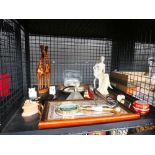 Cage containing ornamental lady and giraffe figures plus porcelain plaques, serving tray, wrist