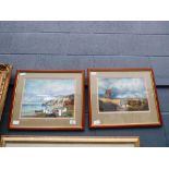 Pair of framed and glazed prints, coastal scene with cottages, windmill with figures in foreground