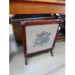 Embroidered oak fire screen plus a brass fire curb